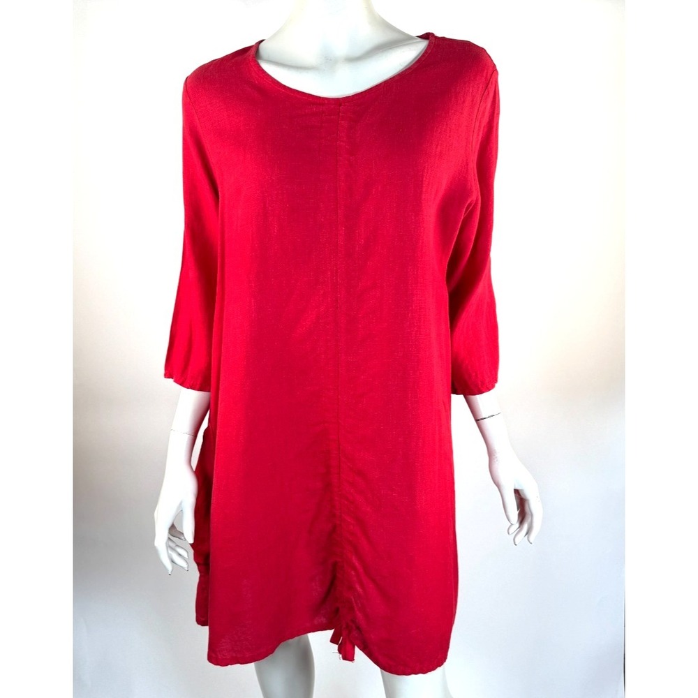 Bryn Walker Linen Tunic Top Women L Flaw*Cinch Front Pocket lagenlook 3/4 Sleeve